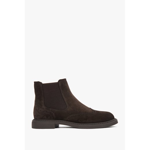 Estro: Ciemnobrązowe sztyblety damskie z perforacją z włoskiego weluru naturalnego Premium ze sklepu Estro w kategorii Botki - zdjęcie 185988013