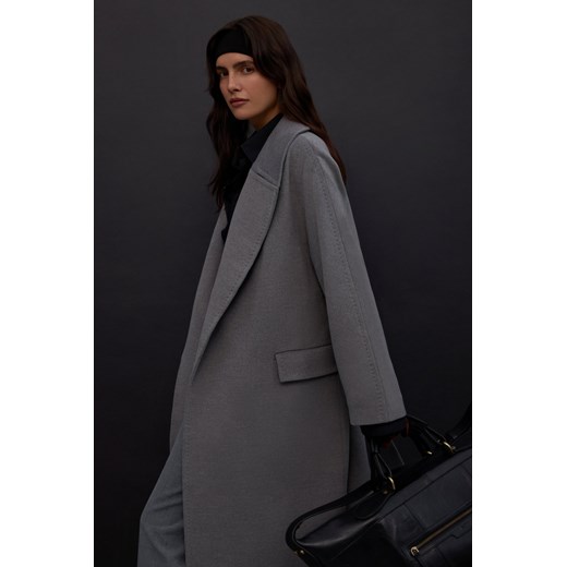 Estro: Szary płaszcz damski do kostek z wełną i szerokim kołnierzem Estro L Estro
