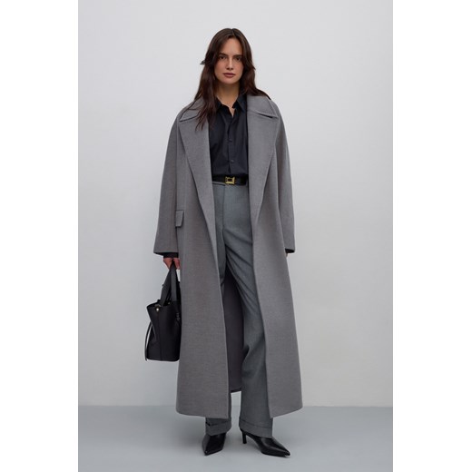 Estro: Szary płaszcz damski do kostek z wełną i szerokim kołnierzem Estro XS Estro