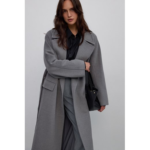 Estro: Szary płaszcz damski do kostek z wełną i szerokim kołnierzem Estro S Estro