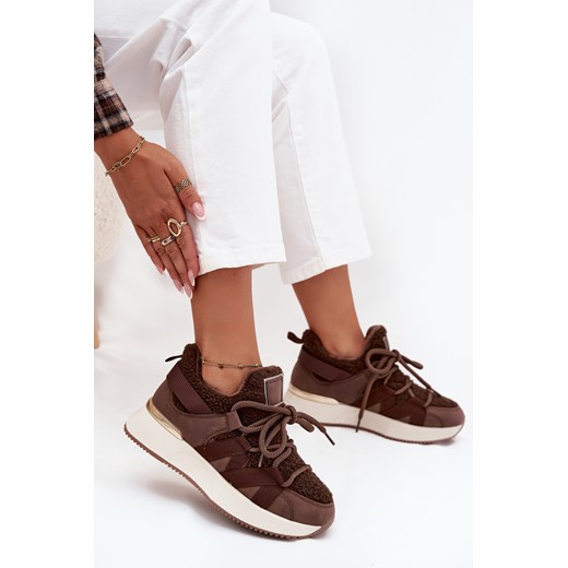 Damskie Sneakersy Ocieplane Na Platformie Brązowe Juvira ze sklepu ZAZOO w kategorii Buty sportowe damskie - zdjęcie 185991832