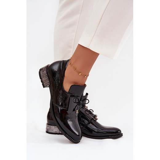 Damskie Półbuty Lakierowane Ozdobny Obcas Czarne Zazoo 1399 ze sklepu ZAZOO w kategorii Półbuty damskie - zdjęcie 185992011