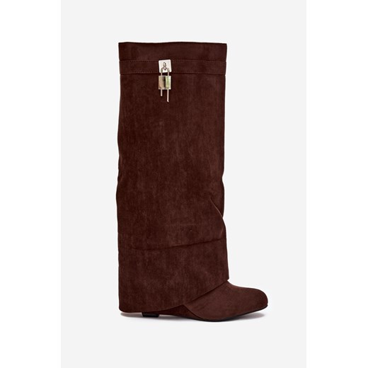 Damskie Kozaki Na Koturnie Pasek I Srebrny Detal Czekoladowe Korivelle Boto 41 ZAZOO