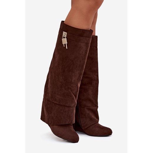 Damskie Kozaki Na Koturnie Pasek I Srebrny Detal Czekoladowe Korivelle Boto 38 ZAZOO