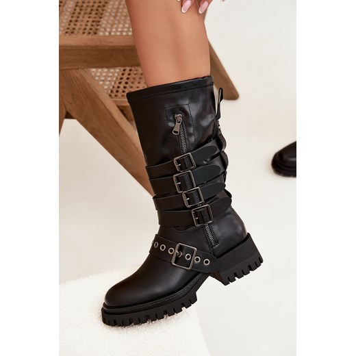 Damskie Kozaki Ocieplane Wsuwane Paski Z Klamrami Czarne Ivaline ze sklepu ZAZOO w kategorii Kozaki damskie - zdjęcie 185992430