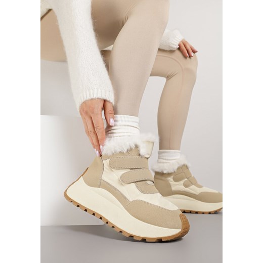 Beżowe Sneakersy Śniegowce Vices z Futerkiem na Platformie Zapinane na Rzep Nelosena ze sklepu renee.pl w kategorii Buty sportowe damskie - zdjęcie 185997312