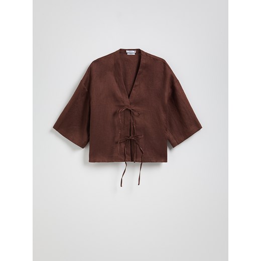 Reserved - Lniana bluzka z wiązaniami - ciemnobrązowy ze sklepu Reserved w kategorii Bluzki damskie - zdjęcie 186000264