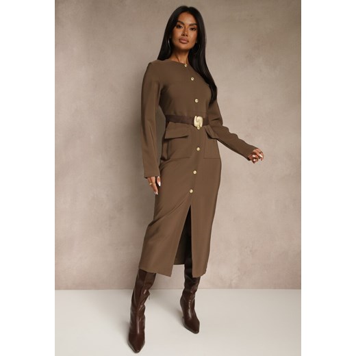 Brązowa Taliowana Sukienka z Eleganckimi Guzikami i Metaliczną Klamrą Espedia ze sklepu renee.pl w kategorii Sukienki - zdjęcie 186004370