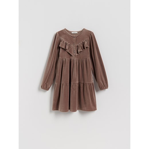 Reserved - Dzianinowa sukienka z falbaną - brązowy ze sklepu Reserved w kategorii Sukienki dziewczęce - zdjęcie 186006724