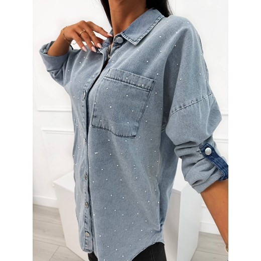Błękitna Jeansowa Koszula z Dżetami ze sklepu ModnaKiecka.pl w kategorii Koszule damskie - zdjęcie 186016503