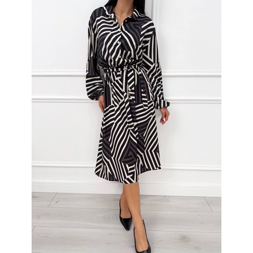 Czarno-Brązowa Sukienka Midi w Geometryczny Wzór Modnakiecka.pl 42 ModnaKiecka.pl