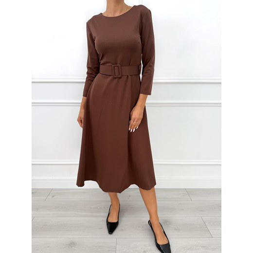 Czekoladowa Rozkloszowana Sukienka z Paskiem ze sklepu ModnaKiecka.pl w kategorii Sukienki - zdjęcie 186016683