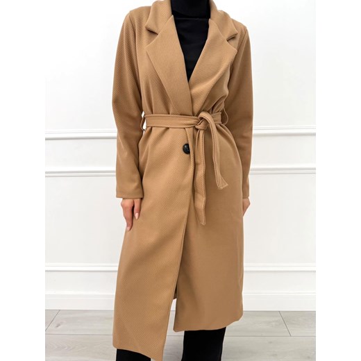 Karmelowy Długi Płaszczyk z Paskiem ze sklepu ModnaKiecka.pl w kategorii Płaszcze damskie - zdjęcie 186016802