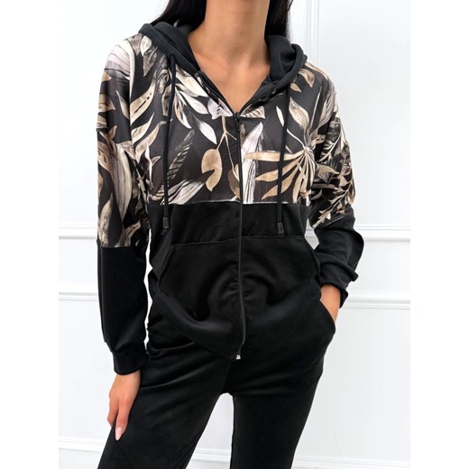 Czarna Welurowa Bluza w Roślinny Print ze sklepu ModnaKiecka.pl w kategorii Bluzy damskie - zdjęcie 186016812