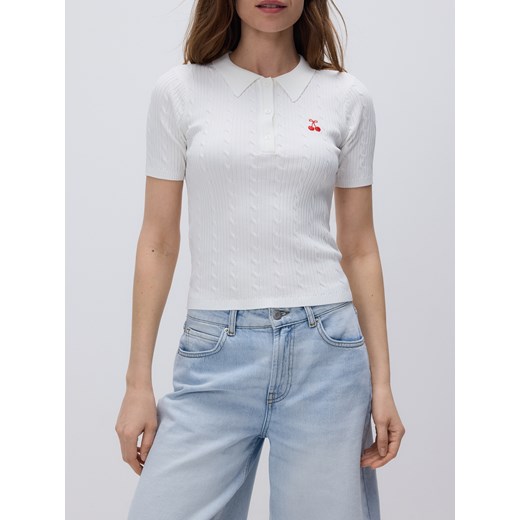 Reserved - T-shirt polo z wiskozą - kremowy ze sklepu Reserved w kategorii Bluzki damskie - zdjęcie 186027140