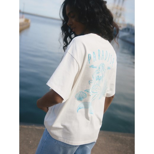 Reserved - Bawełniany t-shirt z nadrukiem - złamana biel ze sklepu Reserved w kategorii Bluzki damskie - zdjęcie 186071251
