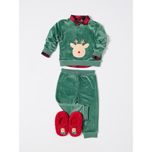 Sinsay - Komplet: bluza i spodnie z motywem zimowym - green spruce Sinsay 80 (9-12 m) Sinsay