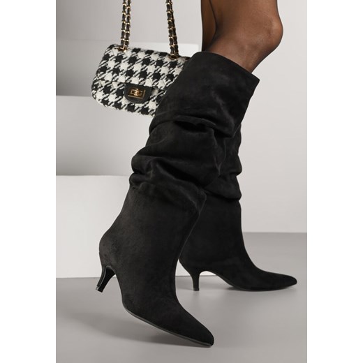 Czarne Marszczone Kozaki na Obcasie Typu Kaczuszka Alevitte 37 born2be.pl