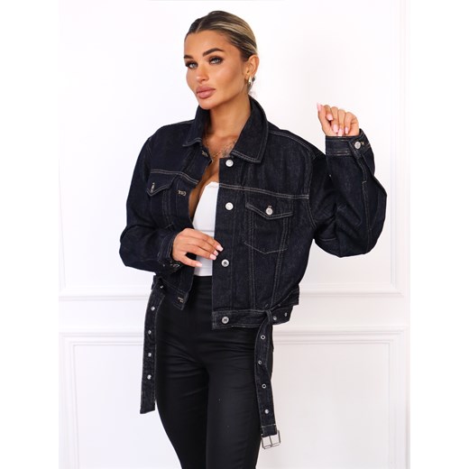 KURTKA JEANSOWA O KROJU OVERSIZE Z OZDOBYNYM PASKIEM ze sklepu olika.com.pl w kategorii Kurtki damskie - zdjęcie 186085423