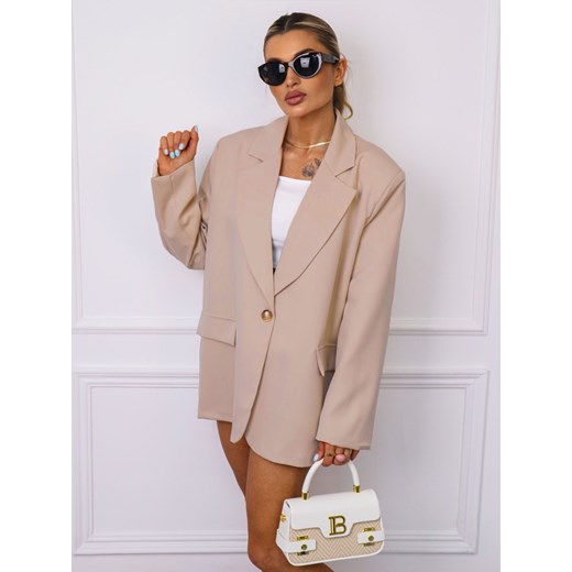 MARYNARKA OVERSIZE ZAPINANA NA GUZIKI- CIEMNY BEŻ ze sklepu olika.com.pl w kategorii Marynarki damskie - zdjęcie 186085430