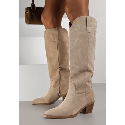 Ciemnobeżowe Kozaki Kowbojki z Imitacji Zamszu na Niskim Stożkowym Obcasie Anivitta ze sklepu born2be.pl w kategorii Kozaki damskie - zdjęcie 186085690