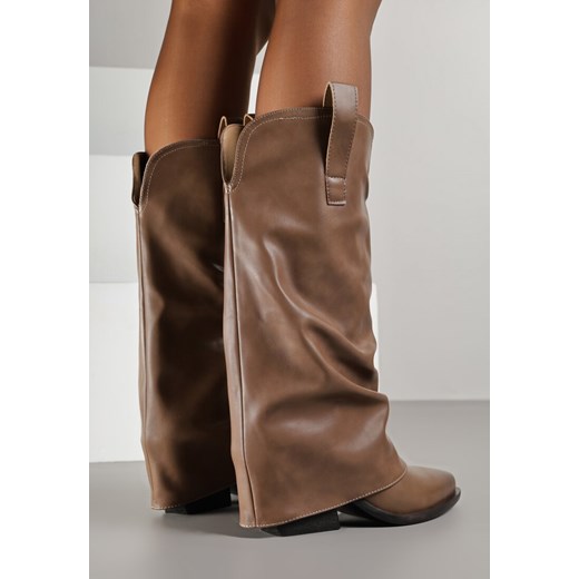 Brązowe Marszczone Kozaki Typu Kowbojki na Stożkowym Obcasie z Wywiniętą 40 born2be.pl