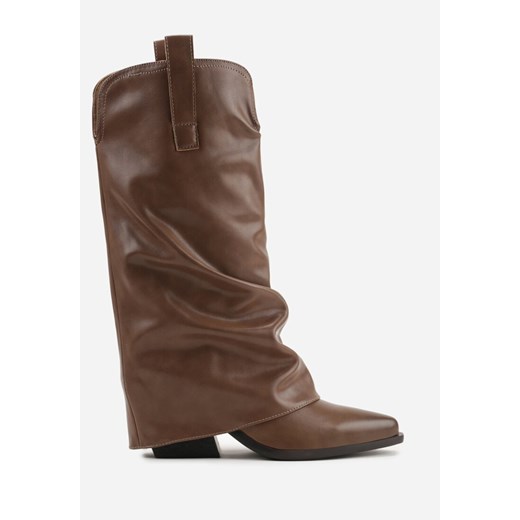 Brązowe Marszczone Kozaki Typu Kowbojki na Stożkowym Obcasie z Wywiniętą 39 born2be.pl