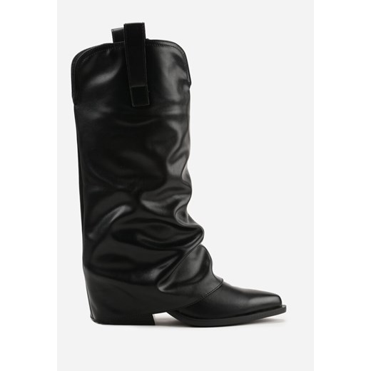 Czarne Marszczone Kozaki Typu Kowbojki na Stożkowym Obcasie z Wywiniętą Cholewką 38 born2be.pl
