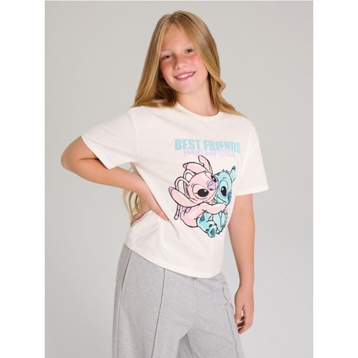 Sinsay - Bawełniana koszulka z krótkim rękawem Stitch - kremowy ze sklepu Sinsay w kategorii Bluzki dziewczęce - zdjęcie 186090691