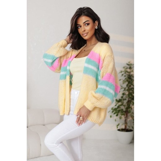 krótki pastelowy sweter rozpinany ema w paski polski producent j&k premium - żółty ze sklepu STYLOWO w kategorii Swetry damskie - zdjęcie 186090923