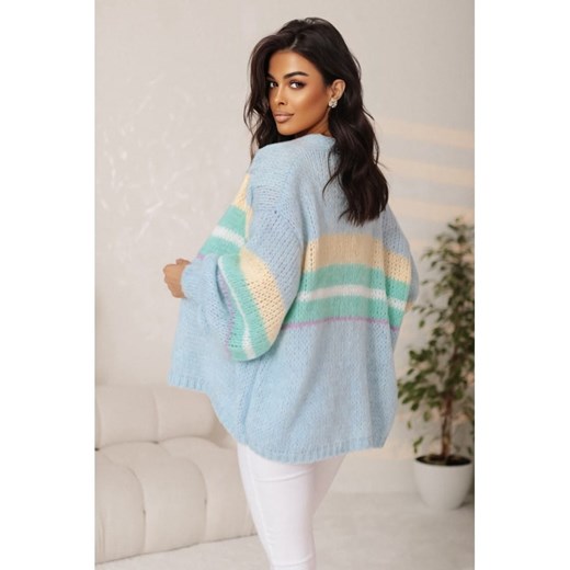 krótki pastelowy sweter rozpinany ema w paski polski producent j&k premium - błękitny ze sklepu STYLOWO w kategorii Swetry damskie - zdjęcie 186090933
