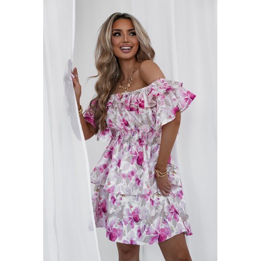 letnia sukienka hiszpanka valentina mielczarkowski polski produkt - print flower beige ze sklepu STYLOWO w kategorii Sukienki - zdjęcie 186091032