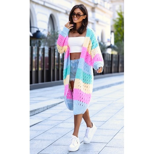 kolorowy sweter kardigan flow polski producent j&k premium - błękitny ze sklepu STYLOWO w kategorii Swetry damskie - zdjęcie 186091091