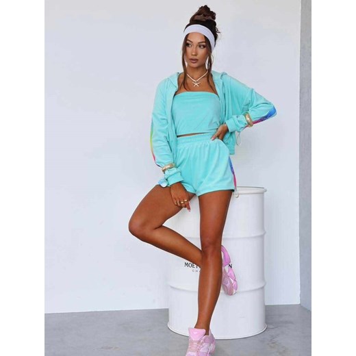 welurowy dres besti multicolor la perla bluza kangurka + krótkie spodenki + top - turkus ze sklepu STYLOWO w kategorii Komplety i garnitury damskie - zdjęcie 186091131