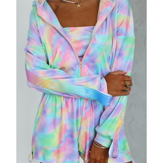 welurowy dres besti multicolor la perla bluza kangurka + krótkie spodenki + top - tęczowy drobny ze sklepu STYLOWO w kategorii Dresy damskie - zdjęcie 186091142