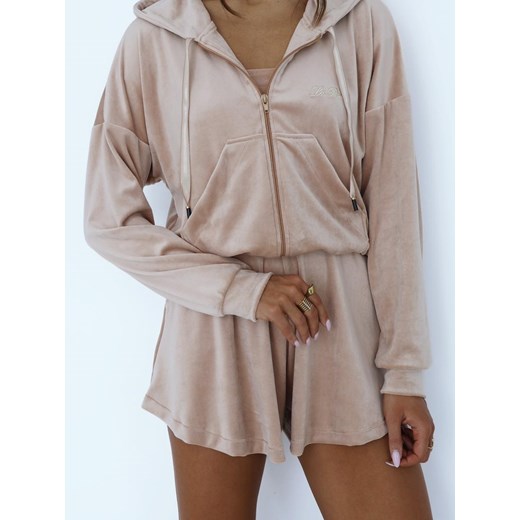 welurowy dres la perla złote taśmy gold bluza kangurka + krótkie spodenki + top - złoty beżowy ze sklepu STYLOWO w kategorii Dresy damskie - zdjęcie 186091312