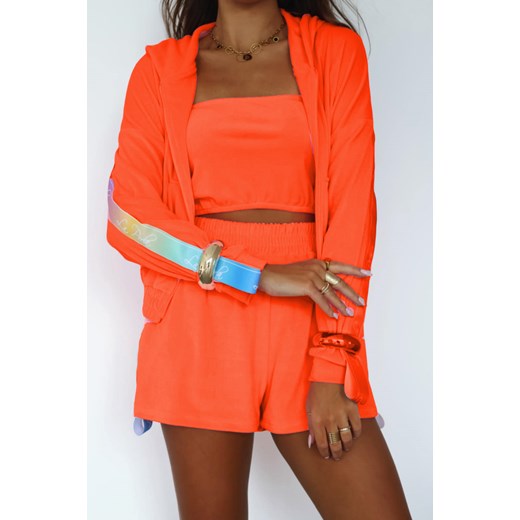 welurowy dres besti multicolor la perla bluza kangurka + krótkie spodenki + top - neon pomarańcz ze sklepu STYLOWO w kategorii Komplety i garnitury damskie - zdjęcie 186091344