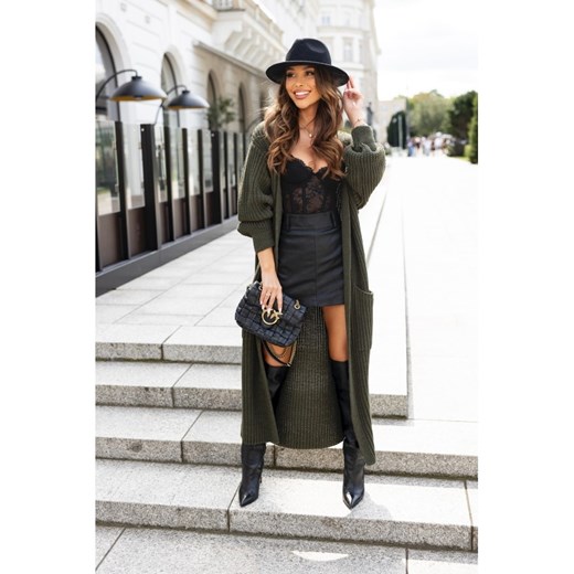 długi sweter kardigan corin z kieszeniami polski producent j&k premium -  khaki ze sklepu STYLOWO w kategorii Swetry damskie - zdjęcie 186091401