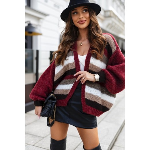 krótki sweter mersi w paski polski producent j&k premium - bordo ze sklepu STYLOWO w kategorii Swetry damskie - zdjęcie 186091450