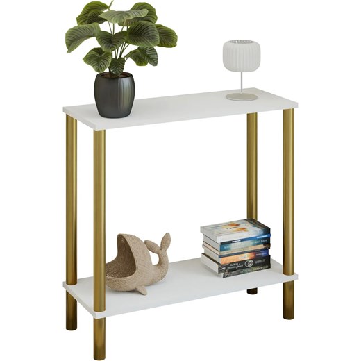 Biała minimalistyczna konsola na złotym stelażu  R8-S50 - id: 52889 - marki Elior - 186094390 Biała minimalistyczna konsola na złotym stelażu  R8-S50 ze sklepu Edinos.pl w kategorii Konsole - zdjęcie 186094390