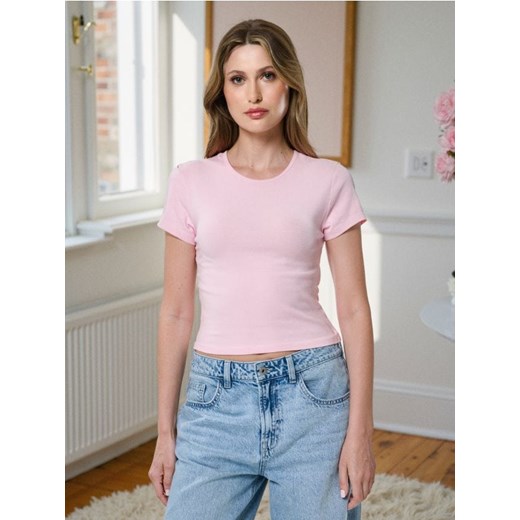 Sinsay - Bawełniana koszulka z krótkim rękawem - różowy ze sklepu Sinsay w kategorii Bluzki damskie - zdjęcie 186098712