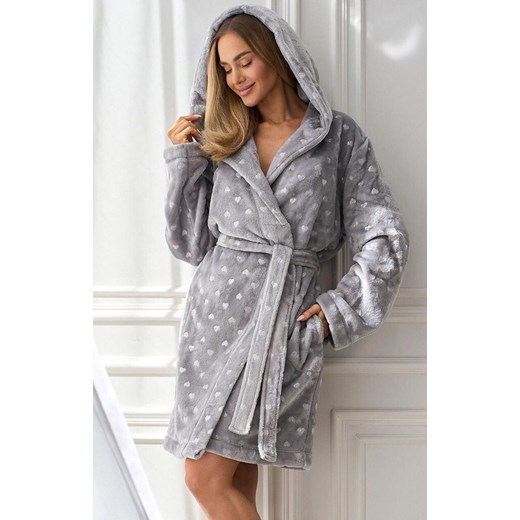 Krótki szlafrok damski z kapturem szary 2550 Amira, Kolor szary, Rozmiar M, L&amp;L ze sklepu Primodo w kategorii Szlafroki damskie - zdjęcie 186119401