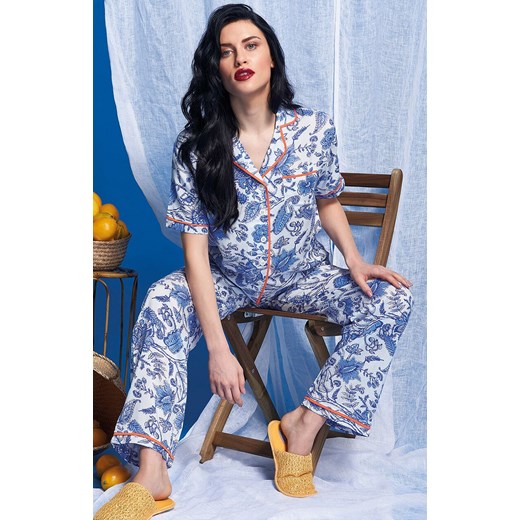 Wzorzysta długa piżama damska rozpinana ATRANI, Kolor niebiesko-pomarańczowy, Rozmiar L, Sorbetto ze sklepu Primodo w kategorii Piżamy damskie - zdjęcie 186119942