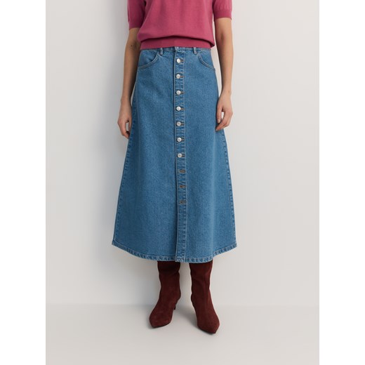 Reserved - Jeansowa spódnica midi z guzikami - niebieski Reserved S okazja Reserved