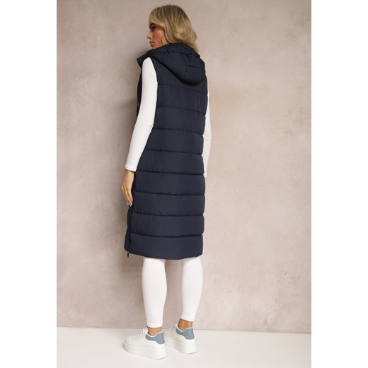 Granatowa Pikowana Kamizelka Bezrękawnik o Przedłużonym Fasonie z Kapturem Renee L renee.pl