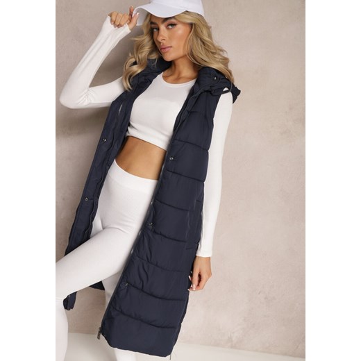Granatowa Pikowana Kamizelka Bezrękawnik o Przedłużonym Fasonie z Kapturem Renee M renee.pl