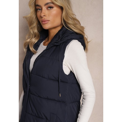 Granatowa Pikowana Kamizelka Bezrękawnik o Przedłużonym Fasonie z Kapturem Renee XL renee.pl