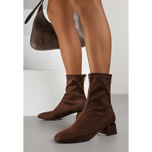 Brązowe Eleganckie Botki VICES Skarpetkowe na Klocku z Metalicznym Zdobieniem Renee 39 renee.pl
