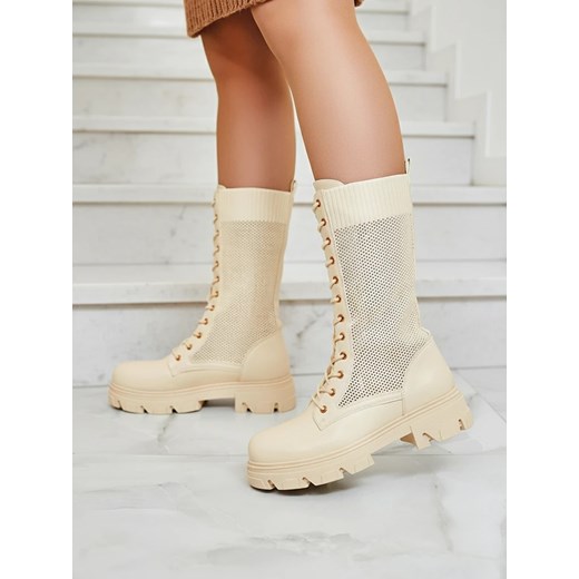 Royalfashion Ażurowe kremowe damskie botki sznurowane Buhomias ze sklepu royalfashion.pl w kategorii Workery damskie - zdjęcie 186141623