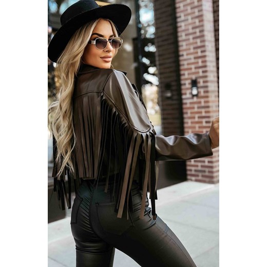 Ramoneska z frędzlami z eco skóry 624-4, Kolor czekoladowy, Rozmiar one size, NUMOCO BASIC ze sklepu Primodo w kategorii Kurtki damskie - zdjęcie 186153522